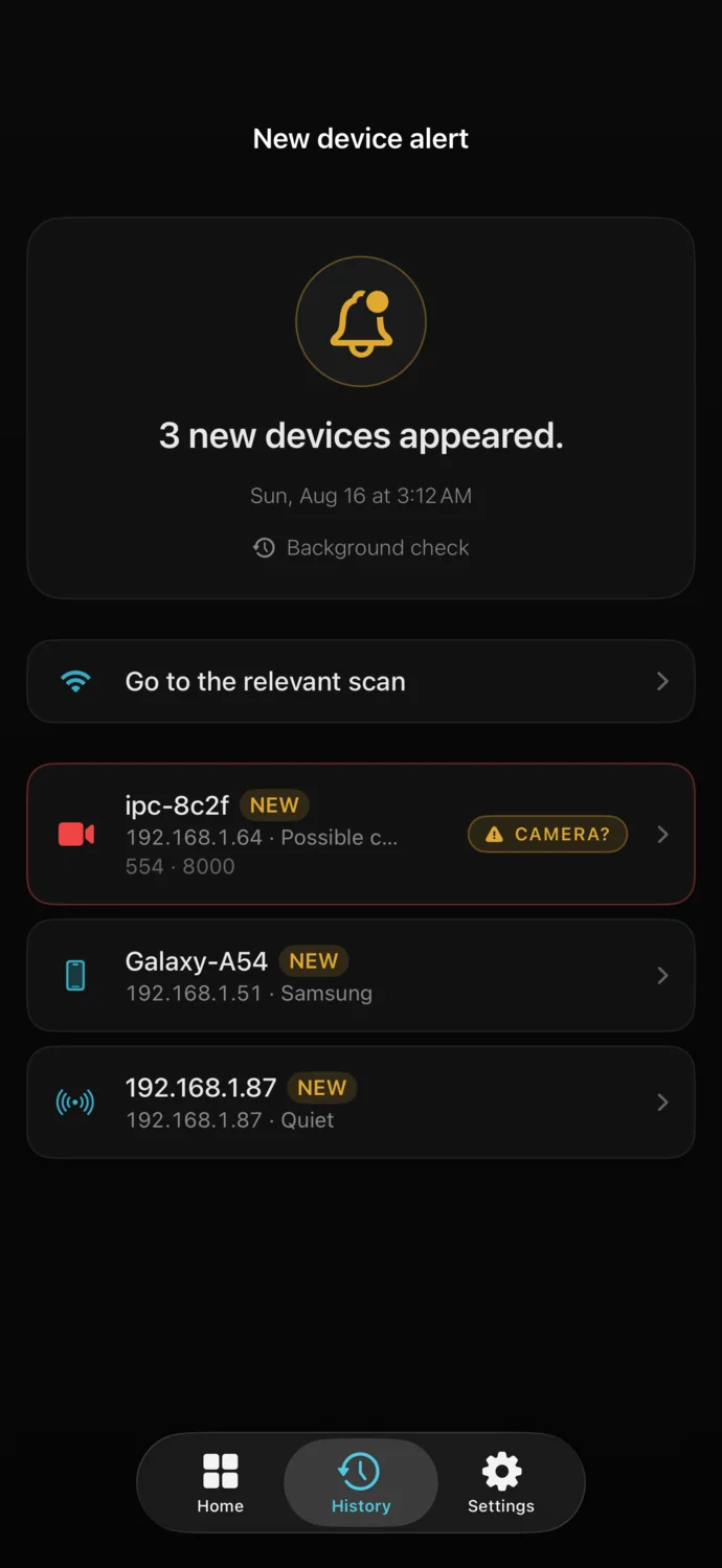 New device alert from a background check at 3:12 AM: three new devices, one flagged as a possible camera.