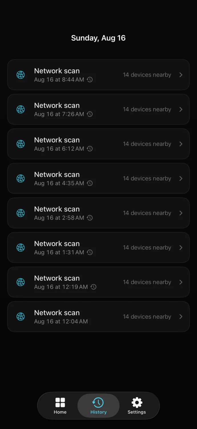 History showing a night of background network scans, each logged with a timestamp.