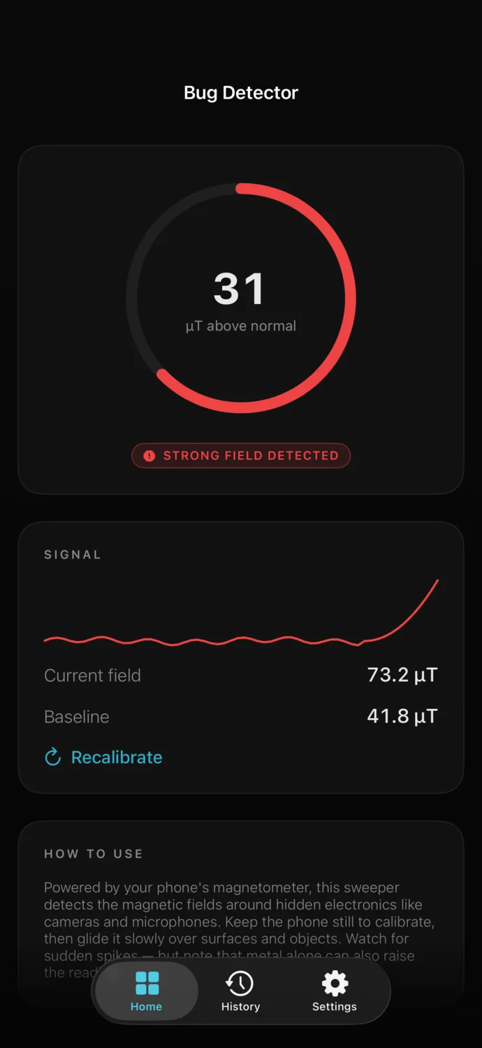 Bug Detector gauge showing a strong field detected.