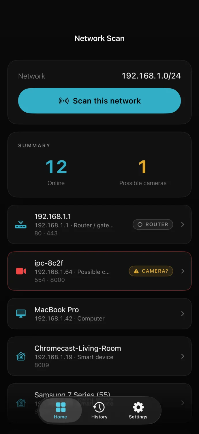 Faraday Network Scan: 12 devices online, 1 possible camera flagged at 192.168.1.64 with ports 554 and 8000 open.