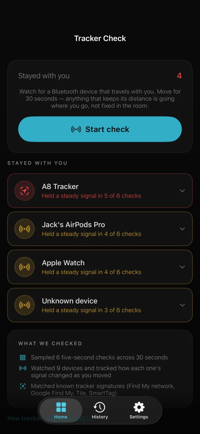 Tracker Check listing Bluetooth devices that stayed with the user.